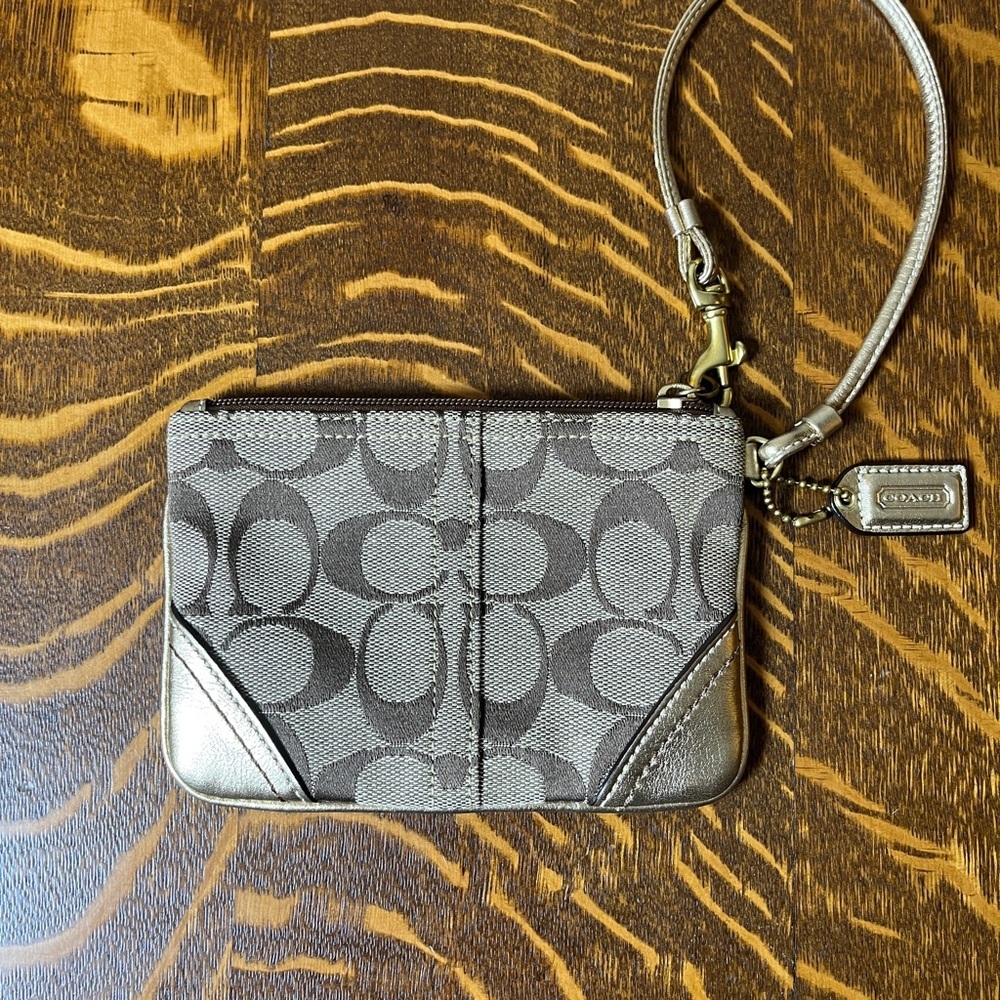Coach Signature Canvas Wristlet in khaki and gold